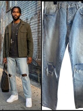 Mnml Light Blue Distressed Knee Button Fly Straight Leg Urban Street Jeans 38